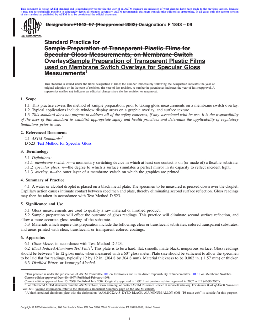 REDLINE ASTM F1843-09 - Standard Practice for Sample Preparation of Transparent Plastic Films used on Membrane Switch Overlays for Specular Gloss Measurements