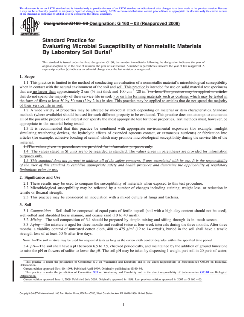 REDLINE ASTM G160-03(2009) - Standard Practice for Evaluating Microbial Susceptibility of Nonmetallic Materials by Laboratory Soil Burial