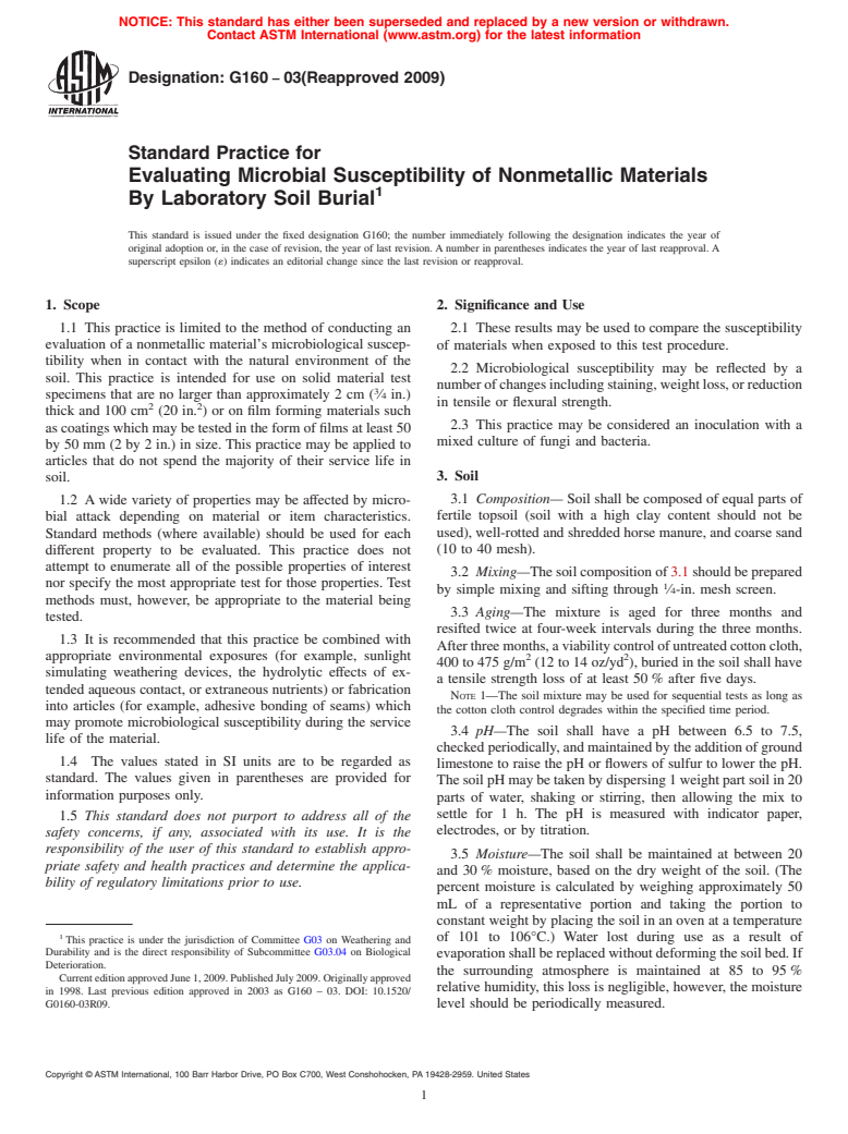 ASTM G160-03(2009) - Standard Practice for Evaluating Microbial Susceptibility of Nonmetallic Materials by Laboratory Soil Burial