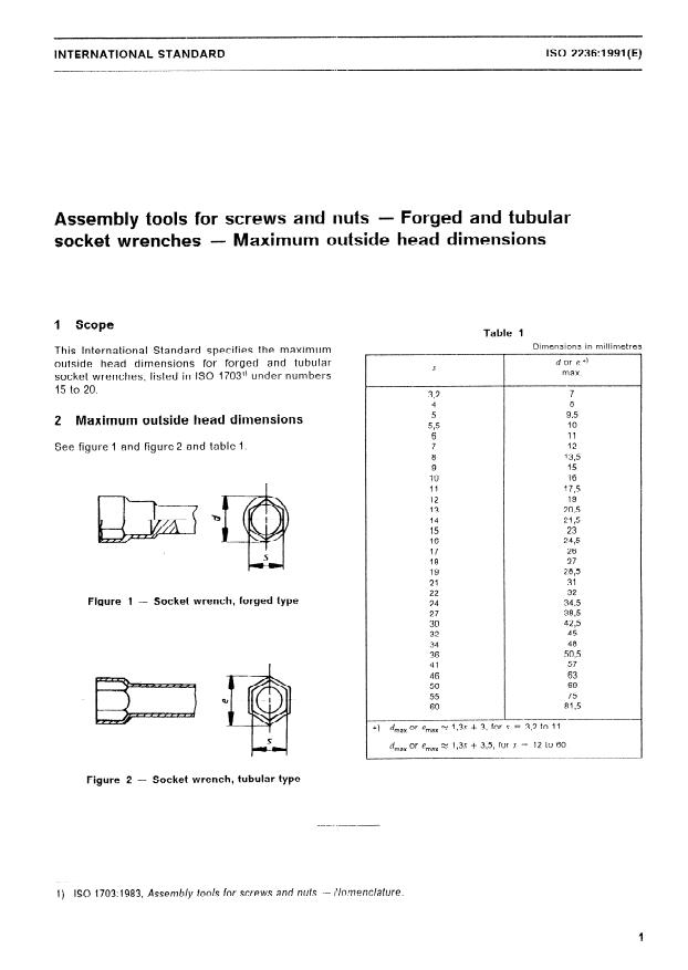 ISO 2236:1991 - Assembly tools for screws and nuts -- Forged and tubular socket wrenches -- Maximum outside head dimensions