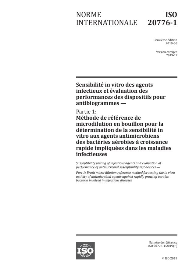ISO 20776-1:2019 - Sensibilité in vitro des agents infectieux et évaluation des performances des dispositifs pour antibiogrammes