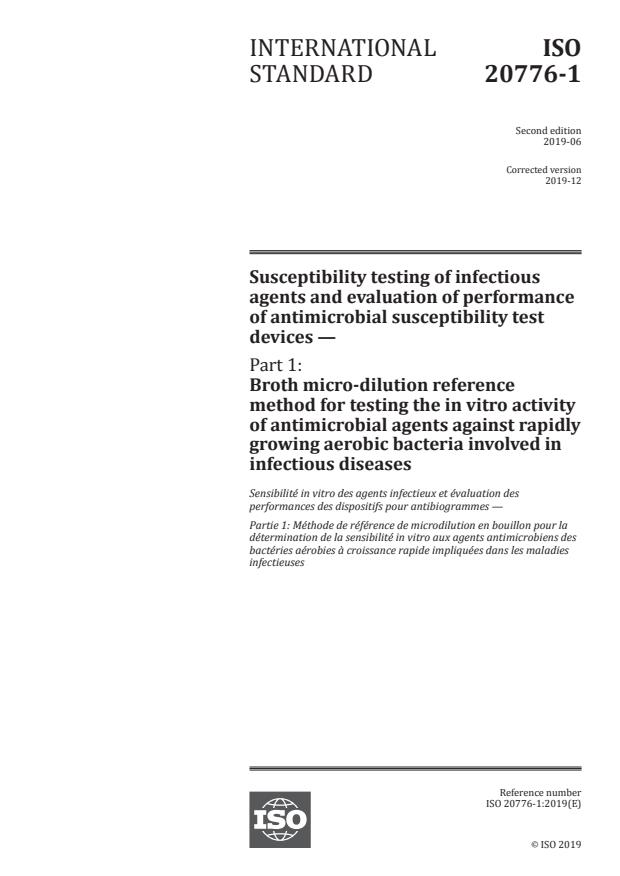 ISO 20776-1:2019 - Susceptibility testing of infectious agents and evaluation of performance of antimicrobial susceptibility test devices