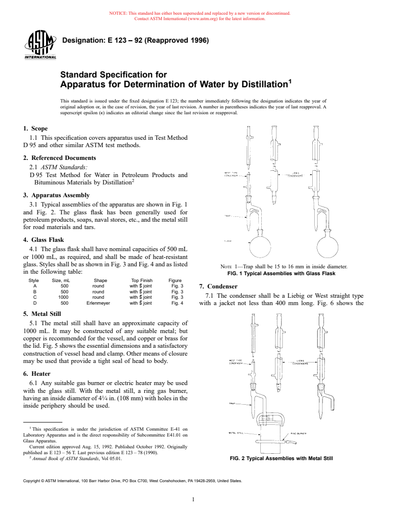 ASTM E123-92(1996) - Standard Specification for Apparatus for Determination of Water by Distillation