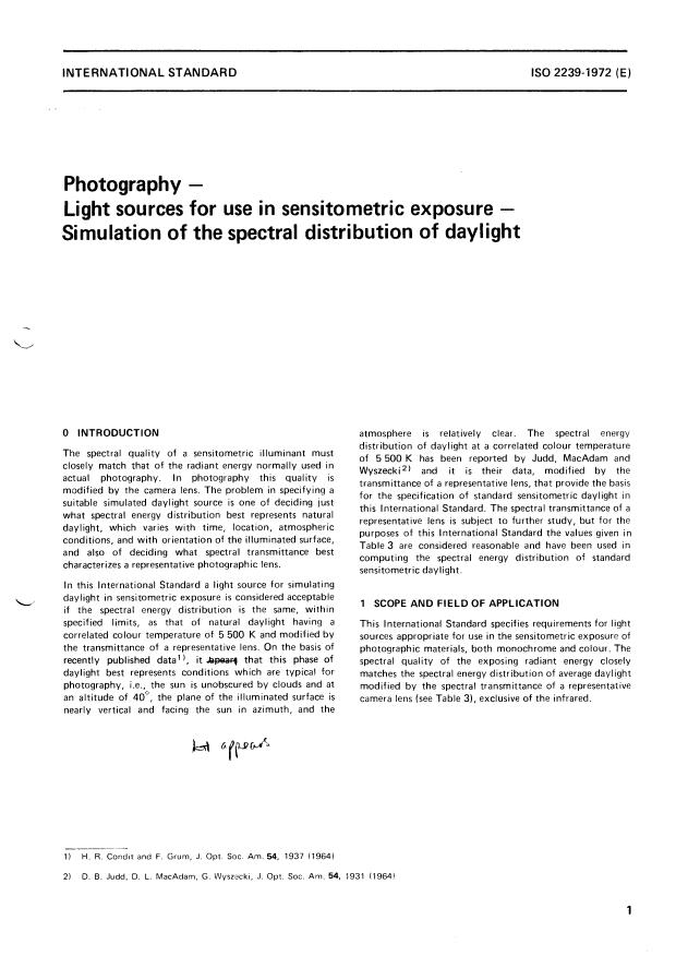 ISO 2239:1972 - Photography -- Light sources for use in sensitometric exposure -- Simulation of the spectral distribution of daylight