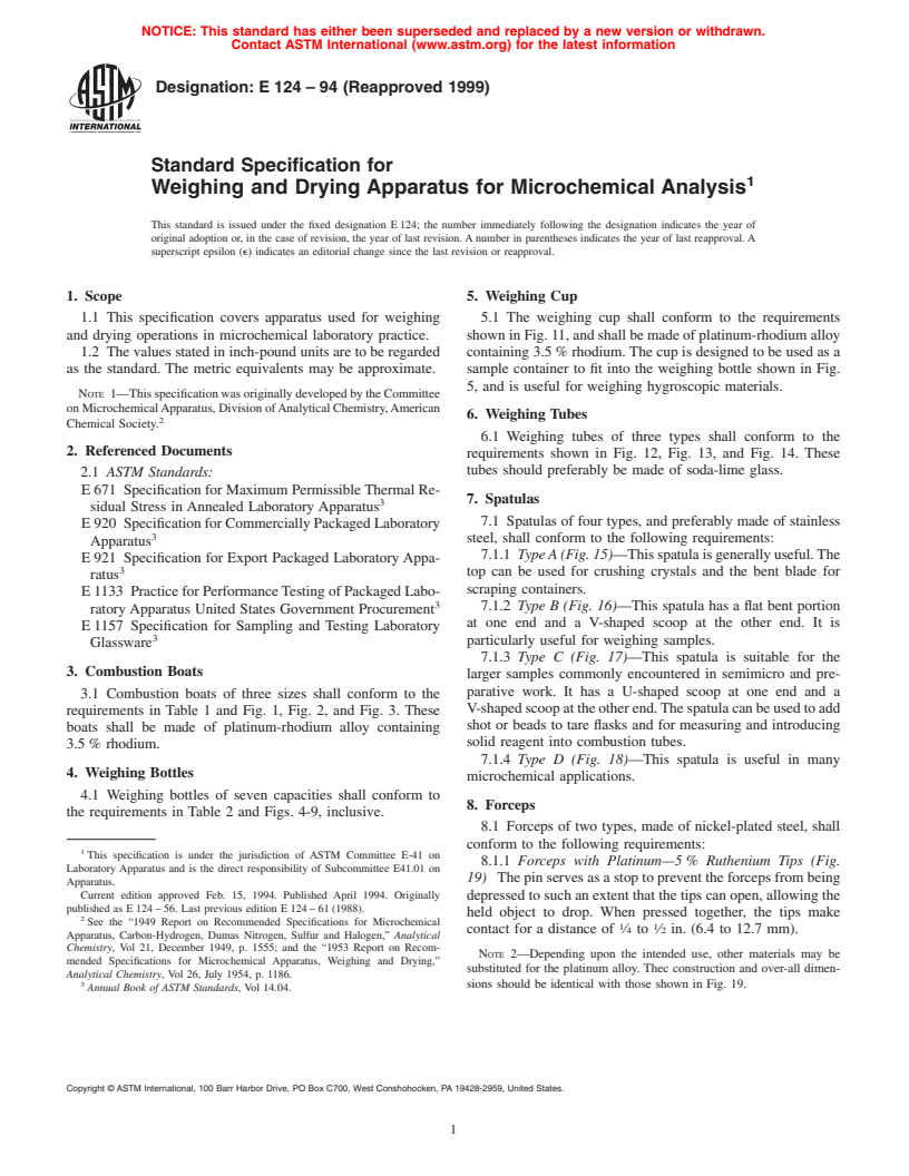 ASTM E124-94(1999) - Standard Specification for Weighing and Drying Apparatus for Microchemical Analysis