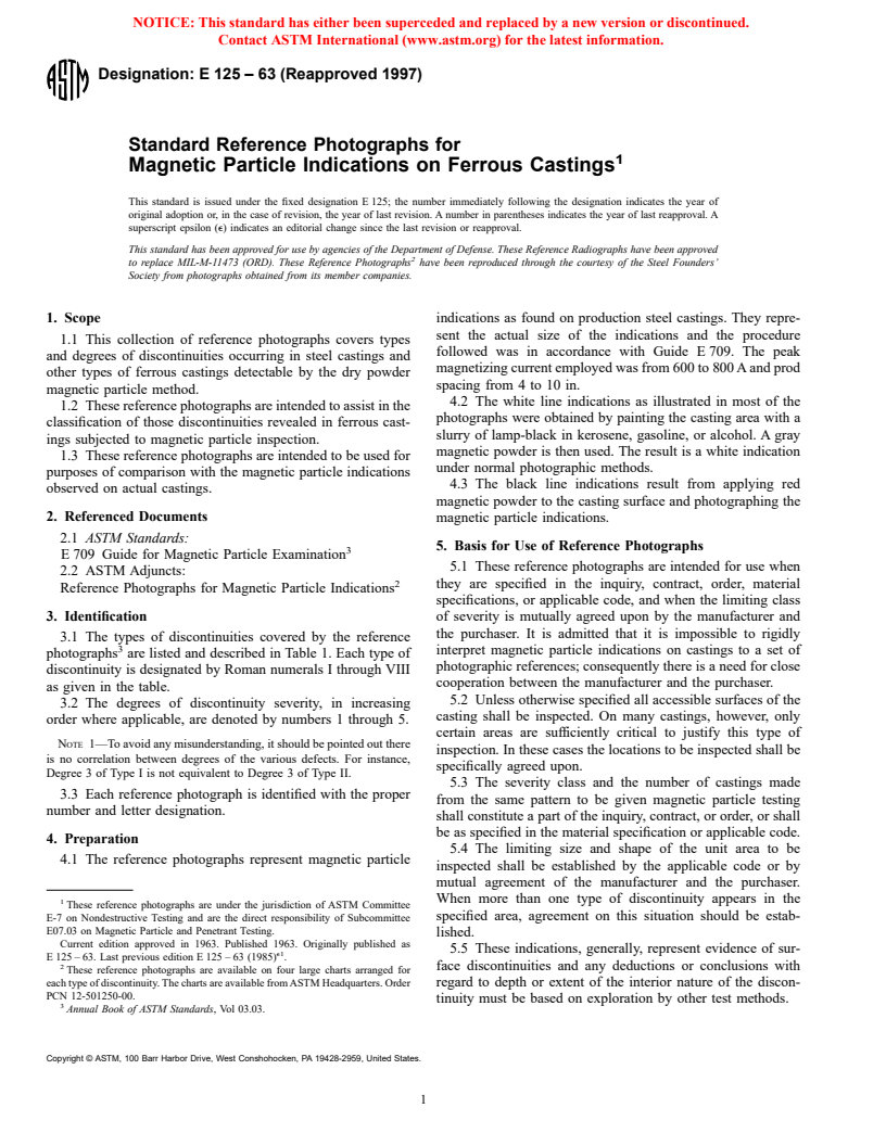 ASTM E125-63(1997) - Standard Reference Photographs for Magnetic Particle Indications on Ferrous Castings