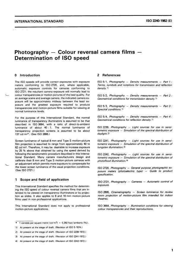 ISO 2240:1982 - Photography -- Colour reversal camera films -- Determination of ISO speed