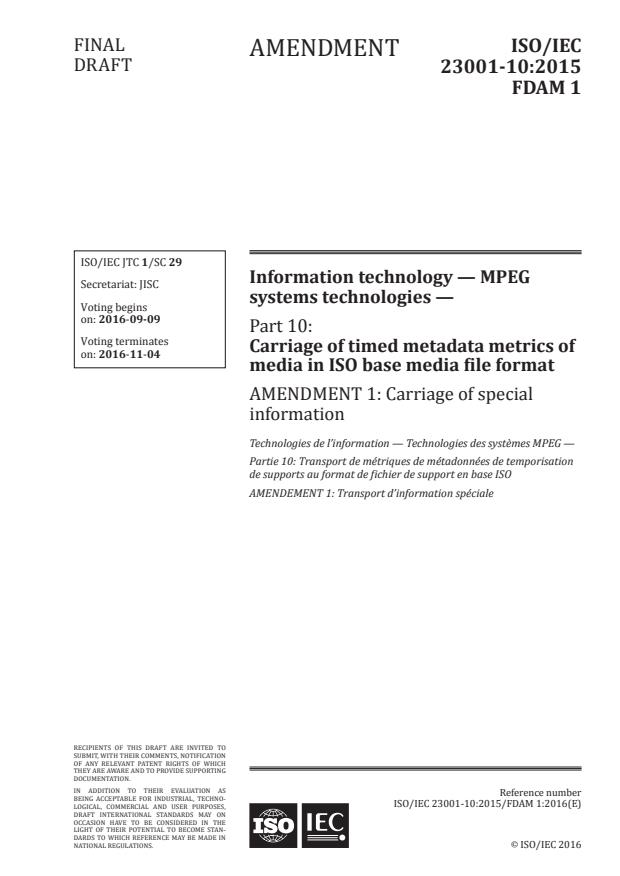 ISO/IEC 23001-10:2015/FDAmd 1 - Carriage of spatial information