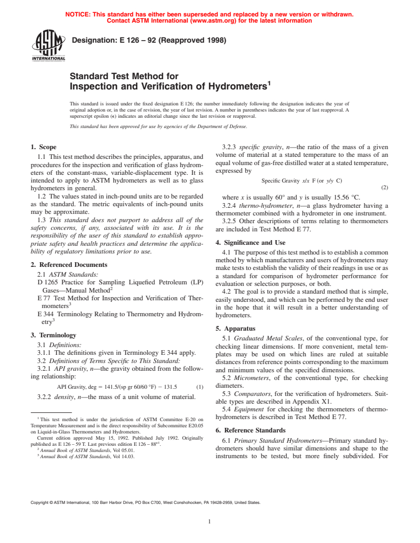 ASTM E126-92(1998) - Standard Test Method for Inspection and Verification of Hydrometers