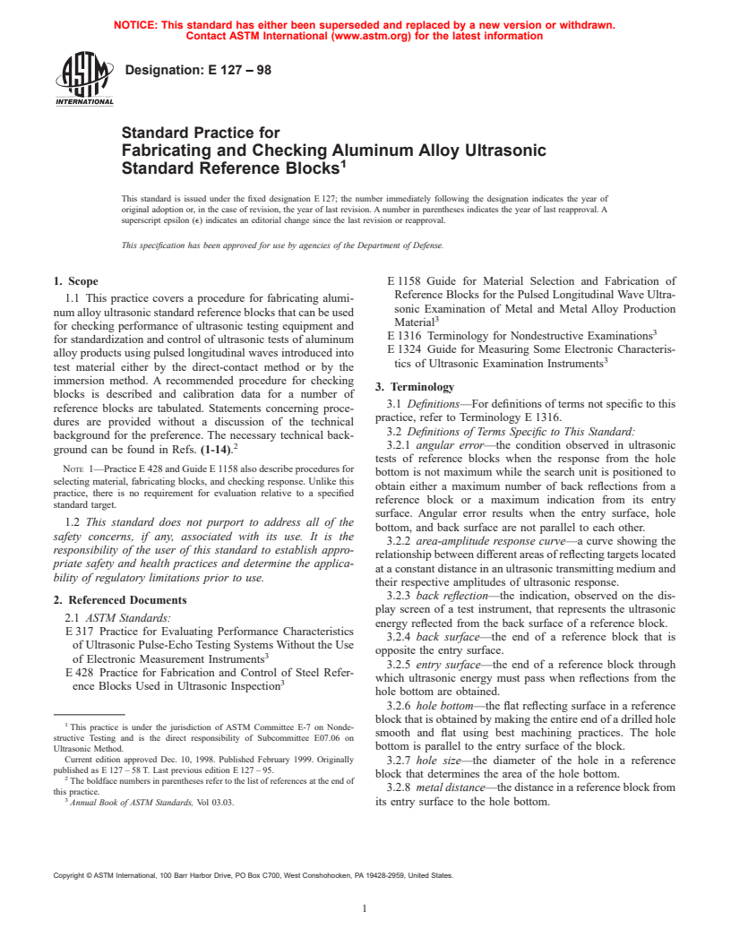 ASTM E127-98 - Standard Practice for Fabricating and Checking Aluminum Alloy Ultrasonic Standard Reference Blocks