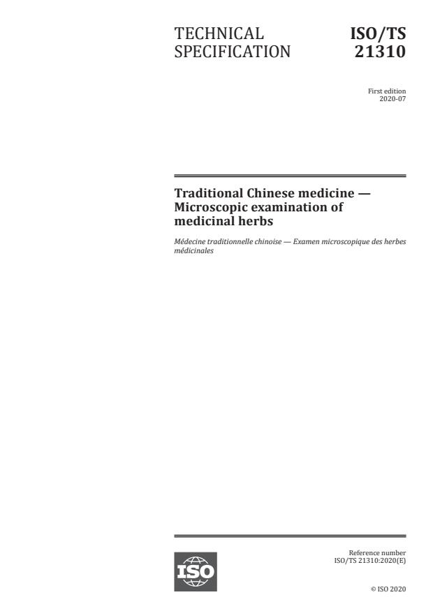 ISO/TS 21310:2020 - Traditional Chinese medicine -- Microscopic examination of medicinal herbs