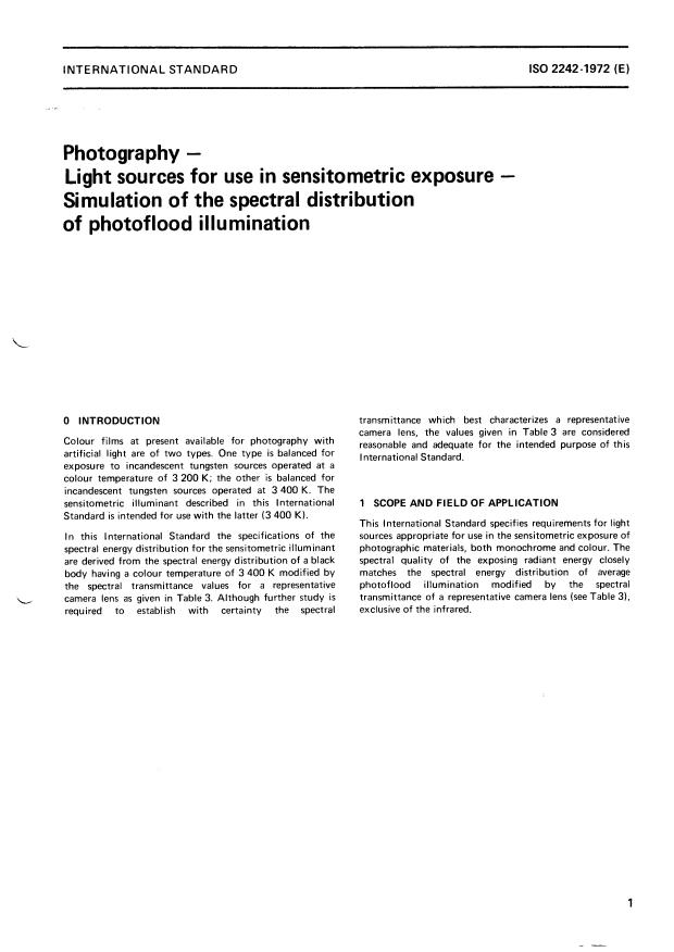 ISO 2242:1972 - Photography -- Light sources for use in sensitometric exposure -- Simulation of the spectral distribution of photoflood illumination