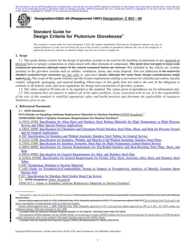 REDLINE ASTM C852-09 - Standard Guide for Design Criteria for Plutonium Gloveboxes