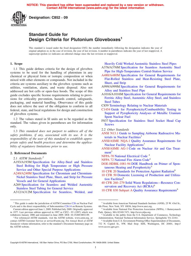 ASTM C852-09 - Standard Guide for Design Criteria for Plutonium Gloveboxes