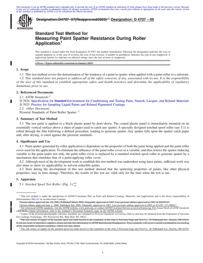 REDLINE ASTM D4707-09 - Standard Test Method for Measuring Paint Spatter Resistance During Roller Application