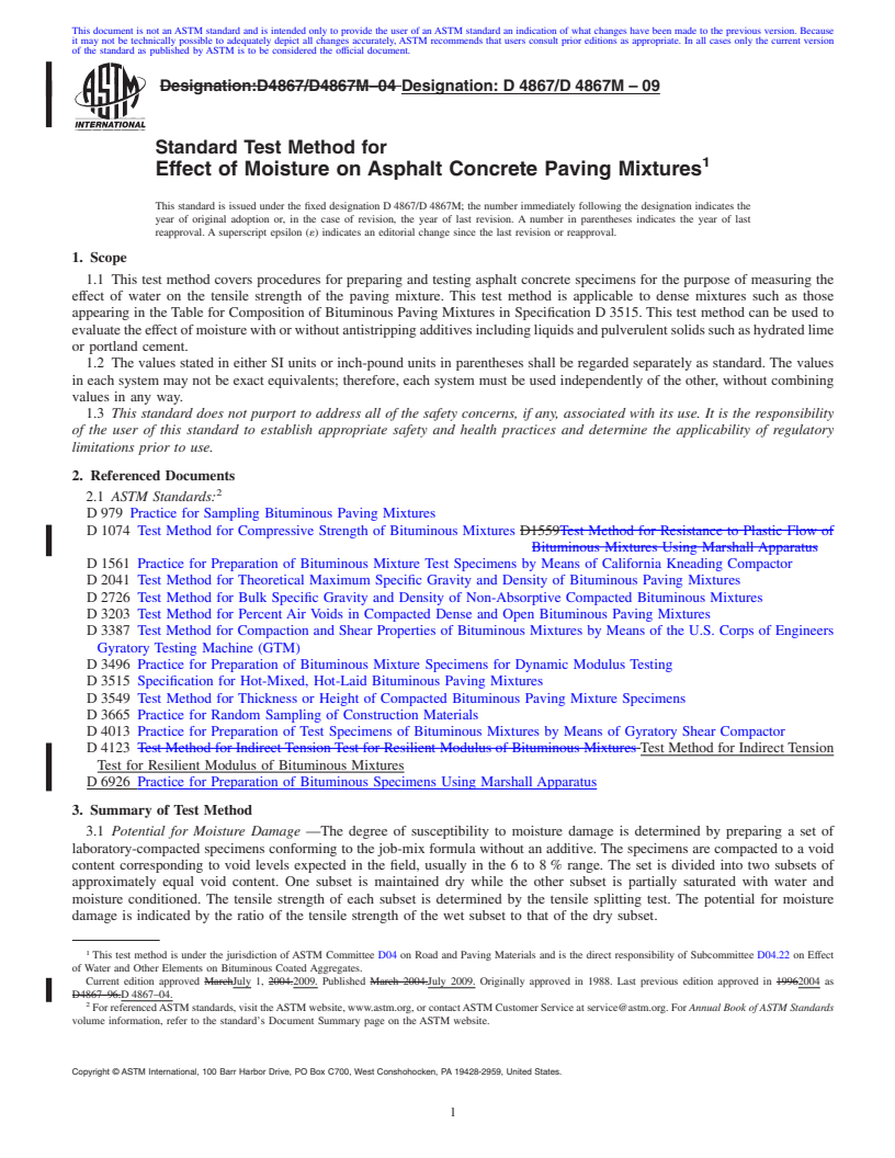 REDLINE ASTM D4867/D4867M-09 - Standard Test Method for Effect of Moisture on Asphalt Concrete Paving Mixtures