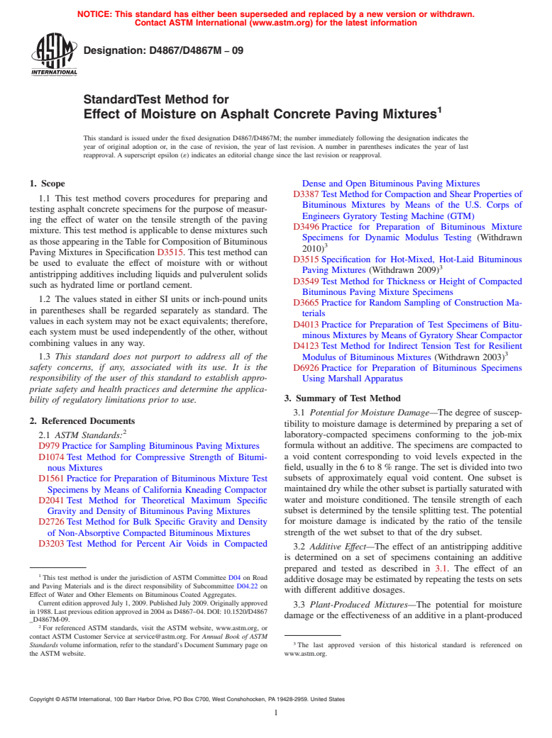 ASTM D4867/D4867M-09 - Standard Test Method for Effect of Moisture on Asphalt Concrete Paving Mixtures