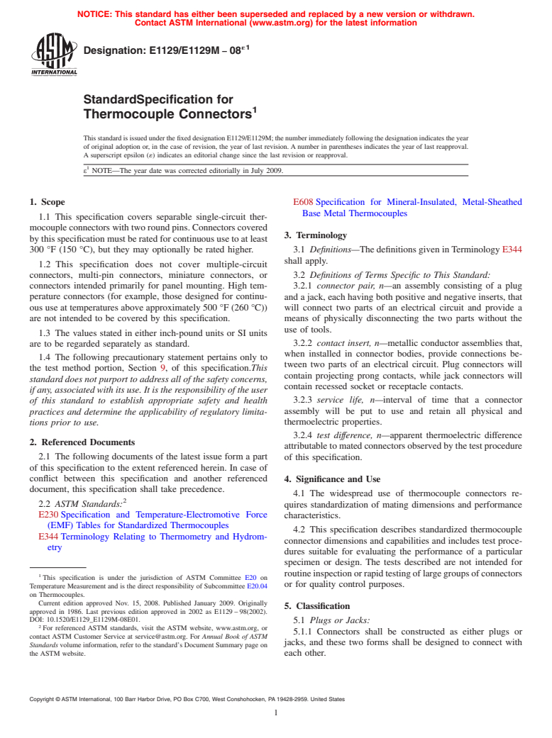 ASTM E1129/E1129M-08e1 - Standard Specification for Thermocouple Connectors