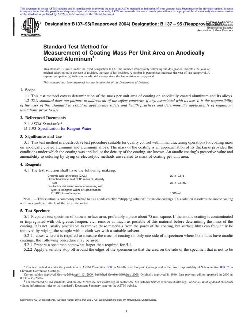 REDLINE ASTM B137-95(2009) - Standard Test Method for Measurement of Coating Mass Per Unit Area on Anodically Coated Aluminum