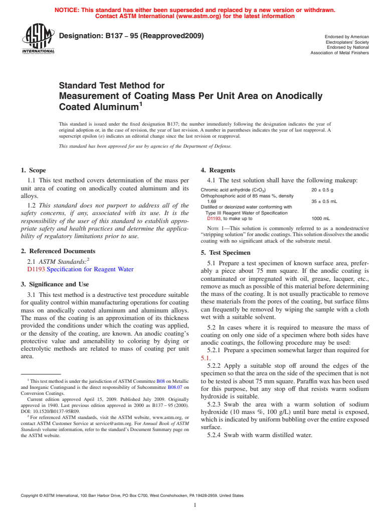 ASTM B137-95(2009) - Standard Test Method for Measurement of Coating Mass Per Unit Area on Anodically Coated Aluminum