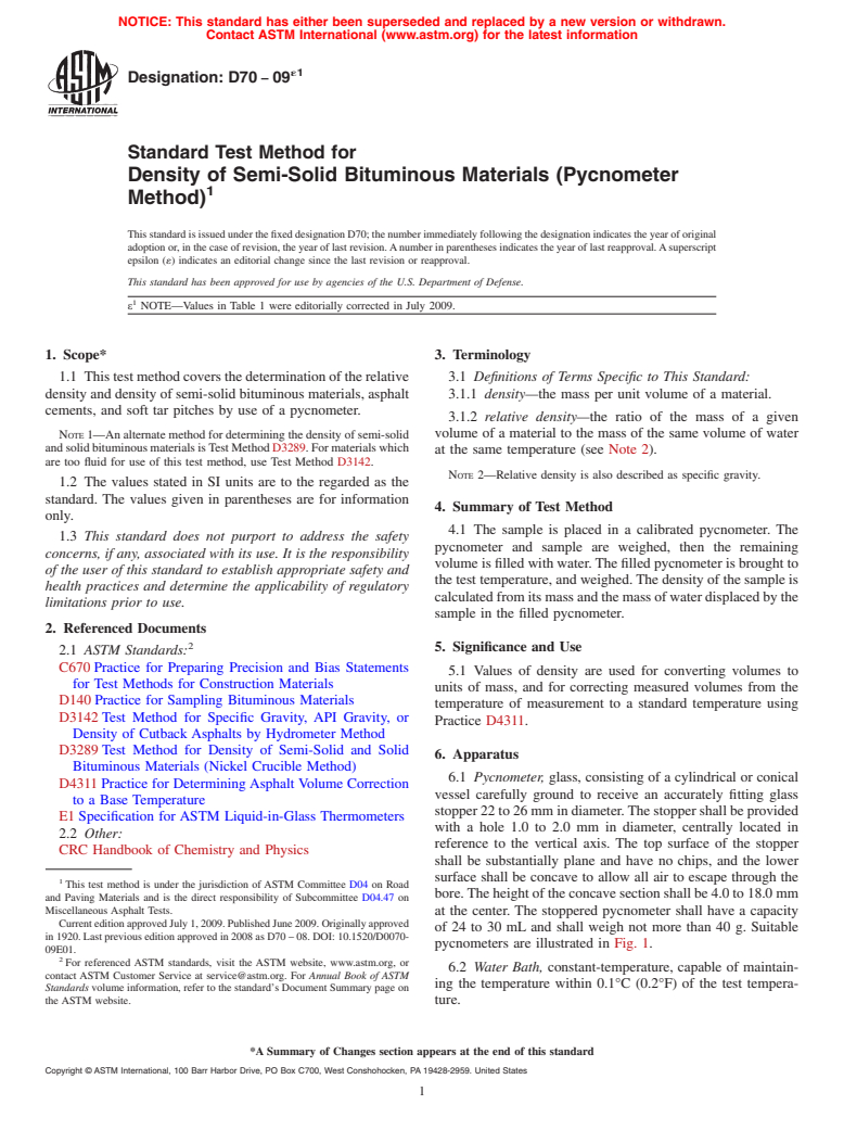 ASTM D70-09e1 - Standard Test Method for Density of Semi-Solid Bituminous Materials (Pycnometer Method)