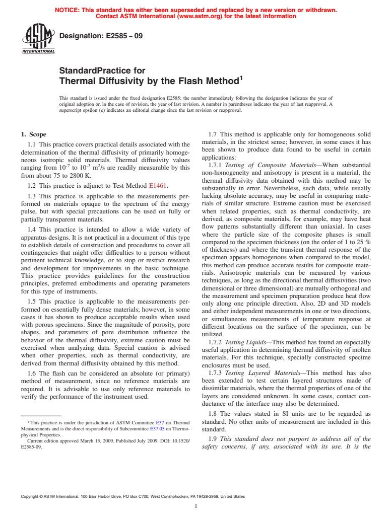 ASTM E2585-09 - Standard Practice for Thermal Diffusivity by the Flash Method