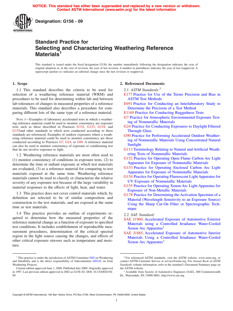 ASTM G156-09 - Standard Practice for Selecting and Characterizing Weathering Reference Materials