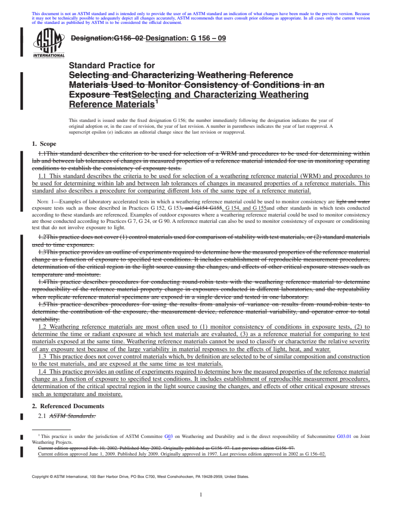 REDLINE ASTM G156-09 - Standard Practice for Selecting and Characterizing Weathering Reference Materials