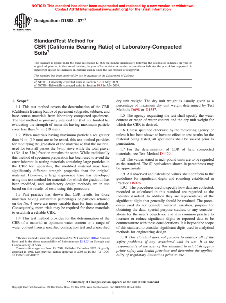 ASTM D1883-07e2 - Standard Test Method for  CBR (California Bearing Ratio) of Laboratory-Compacted Soils