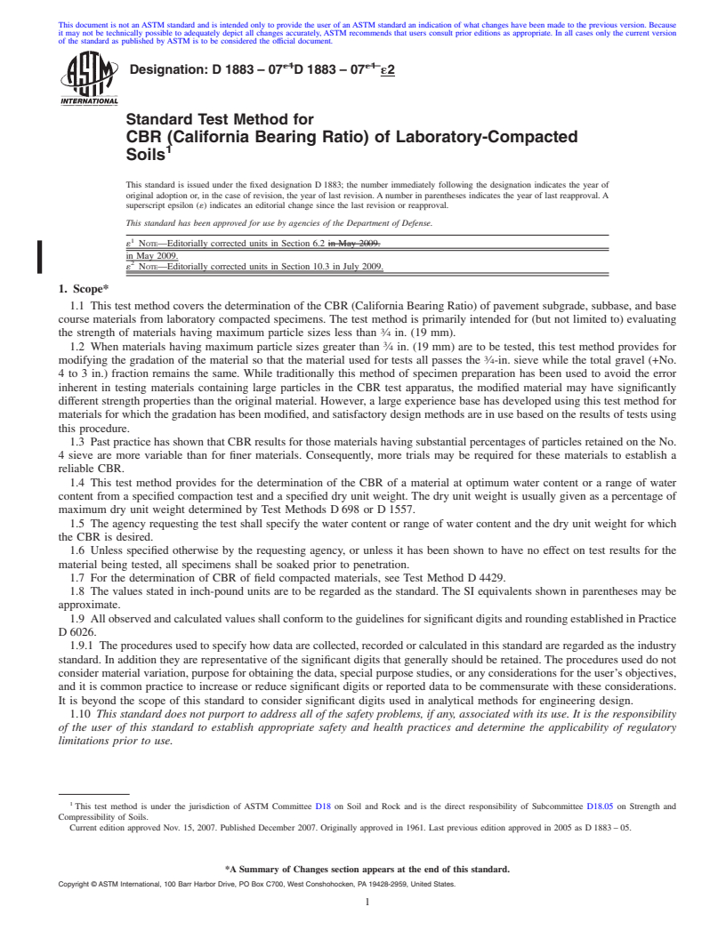 REDLINE ASTM D1883-07e2 - Standard Test Method for  CBR (California Bearing Ratio) of Laboratory-Compacted Soils