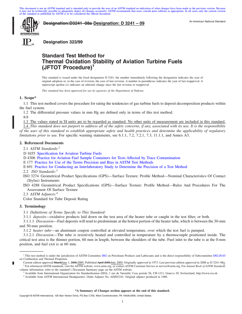 REDLINE ASTM D3241-09 - Standard Test Method for Thermal Oxidation Stability of Aviation Turbine Fuels (JFTOT Procedure)