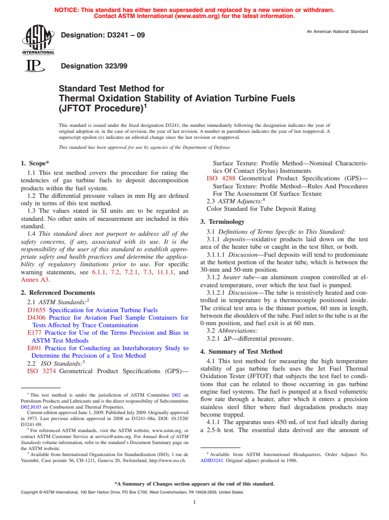 ASTM D3241-09 - Standard Test Method for Thermal Oxidation Stability of Aviation Turbine Fuels (JFTOT Procedure)