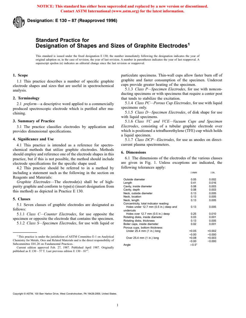 ASTM E130-87(1996) - Standard Practice for Designation of Shapes and Sizes of Graphite Electrodes