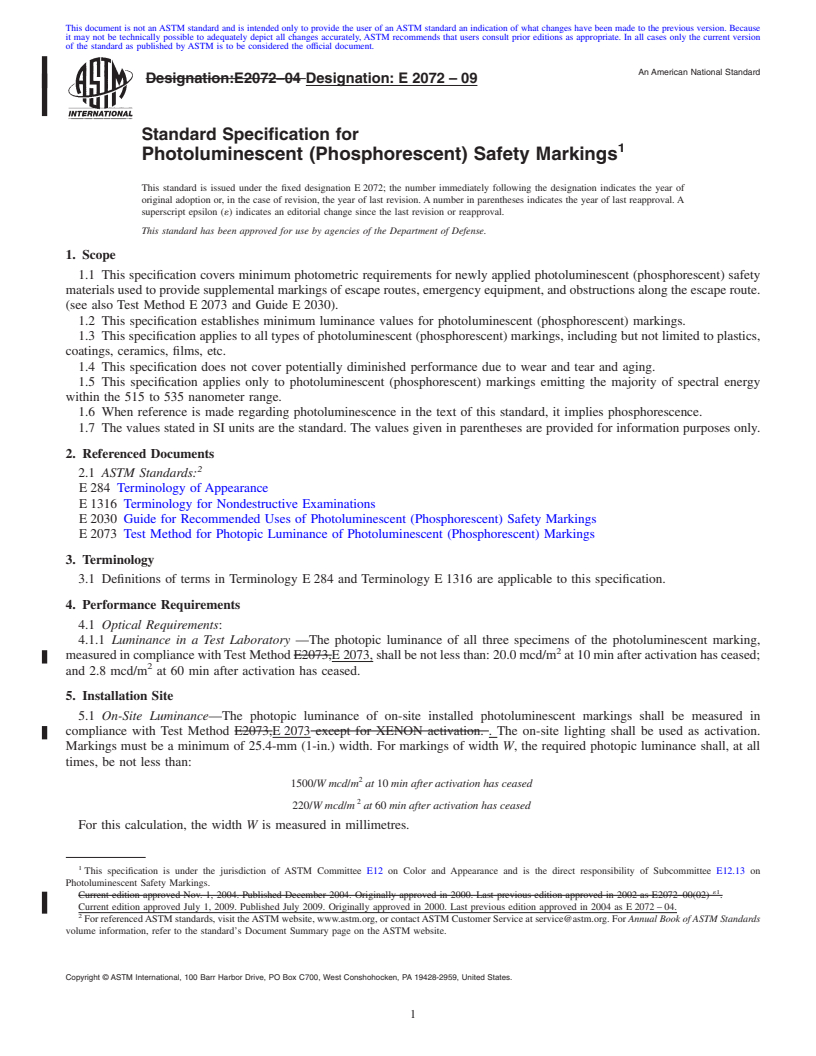 REDLINE ASTM E2072-09 - Standard Specification for Photoluminescent (Phosphorescent) Safety Markings