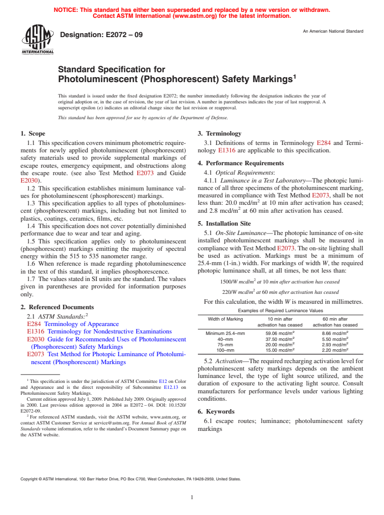 ASTM E2072-09 - Standard Specification for Photoluminescent (Phosphorescent) Safety Markings