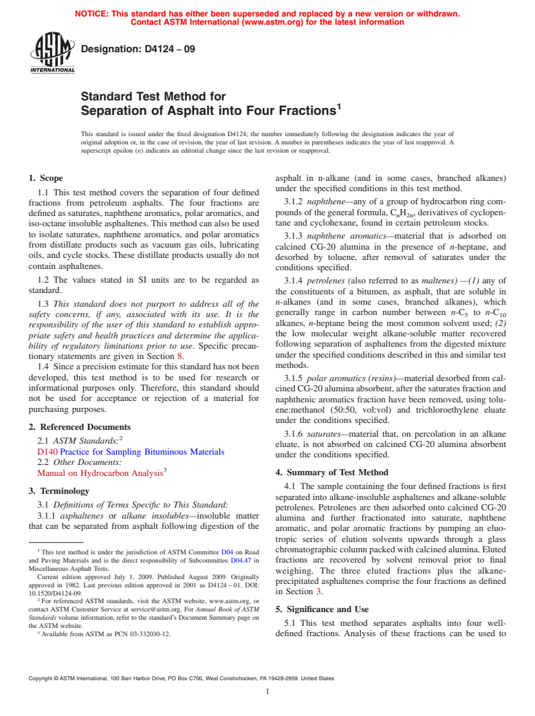 ASTM D4124-09 - Standard Test Method for  Separation of Asphalt into Four Fractions