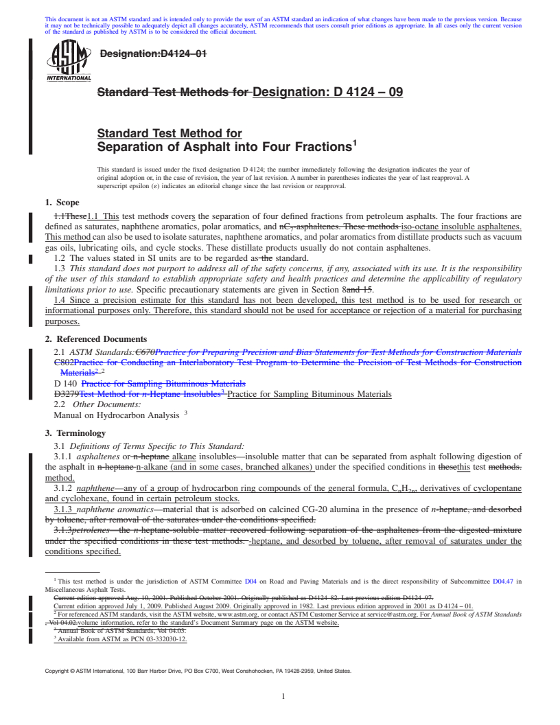 REDLINE ASTM D4124-09 - Standard Test Method for  Separation of Asphalt into Four Fractions