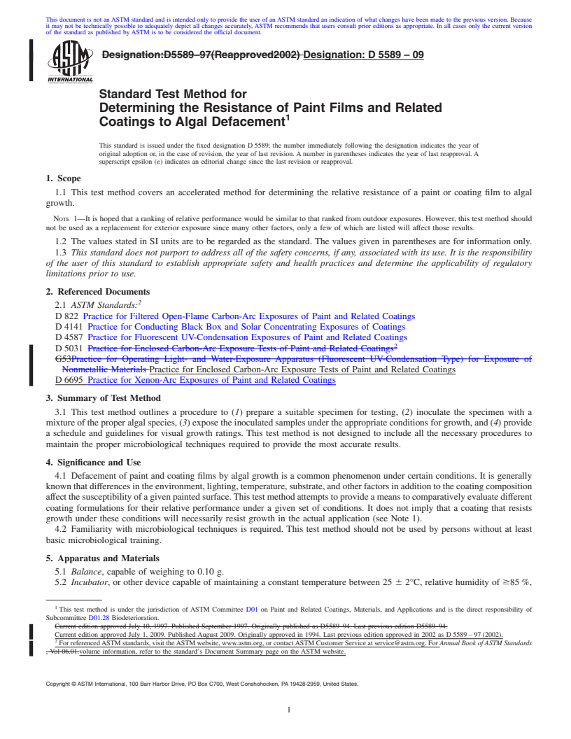 REDLINE ASTM D5589-09 - Standard Test Method for Determining the Resistance of Paint Films and Related Coatings to Algal Defacement