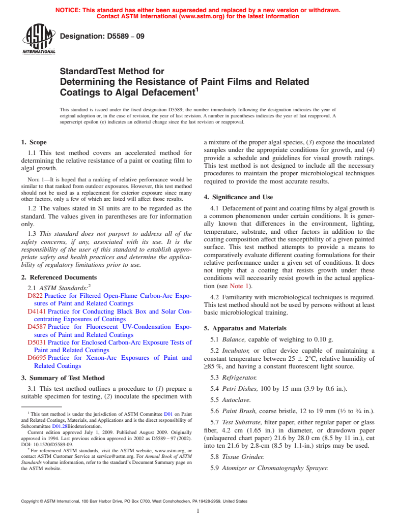 ASTM D5589-09 - Standard Test Method for Determining the Resistance of Paint Films and Related Coatings to Algal Defacement