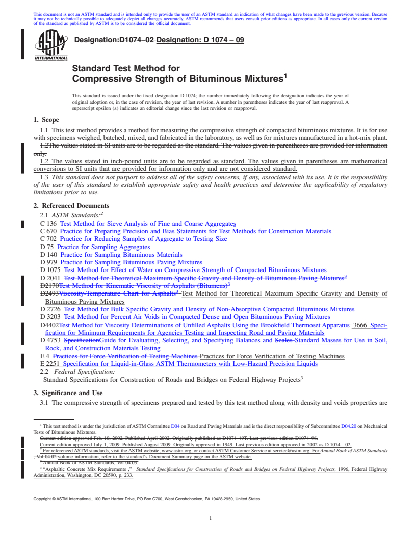 REDLINE ASTM D1074-09 - Standard Test Method for Compressive Strength of Bituminous Mixtures