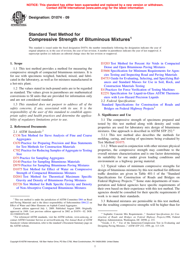 ASTM D1074-09 - Standard Test Method for Compressive Strength of Bituminous Mixtures