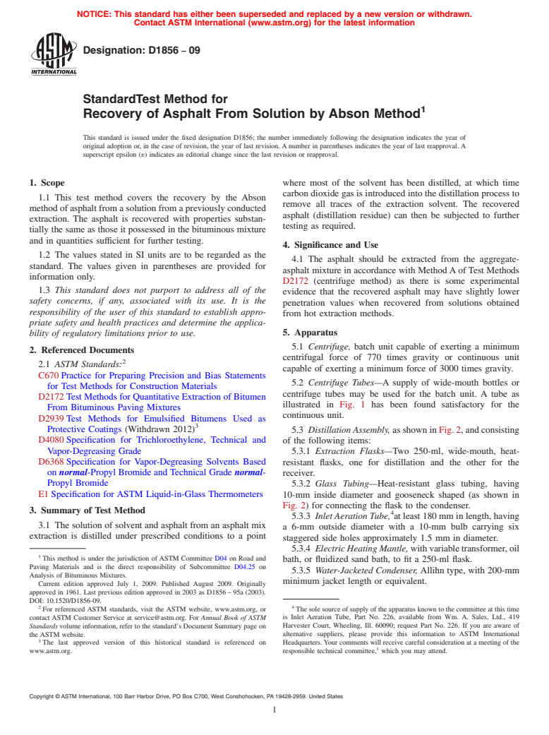 ASTM D1856-09 - Standard Test Method for Recovery of Asphalt From Solution by Abson Method