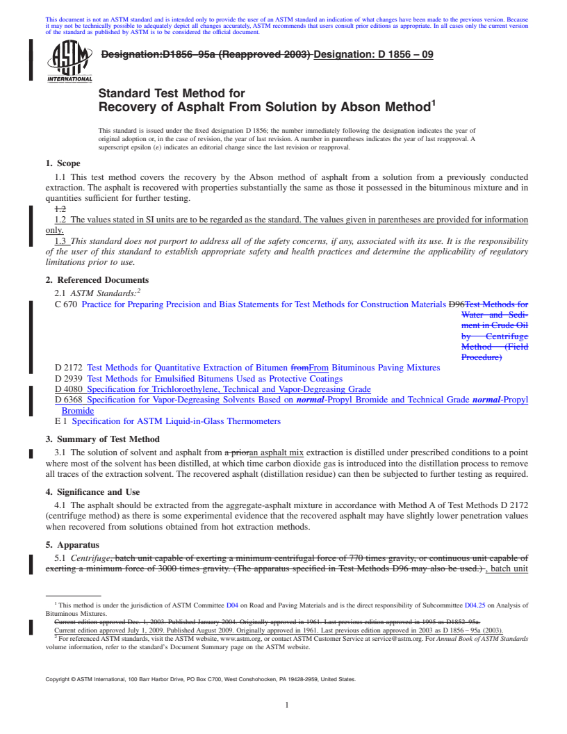 REDLINE ASTM D1856-09 - Standard Test Method for Recovery of Asphalt From Solution by Abson Method