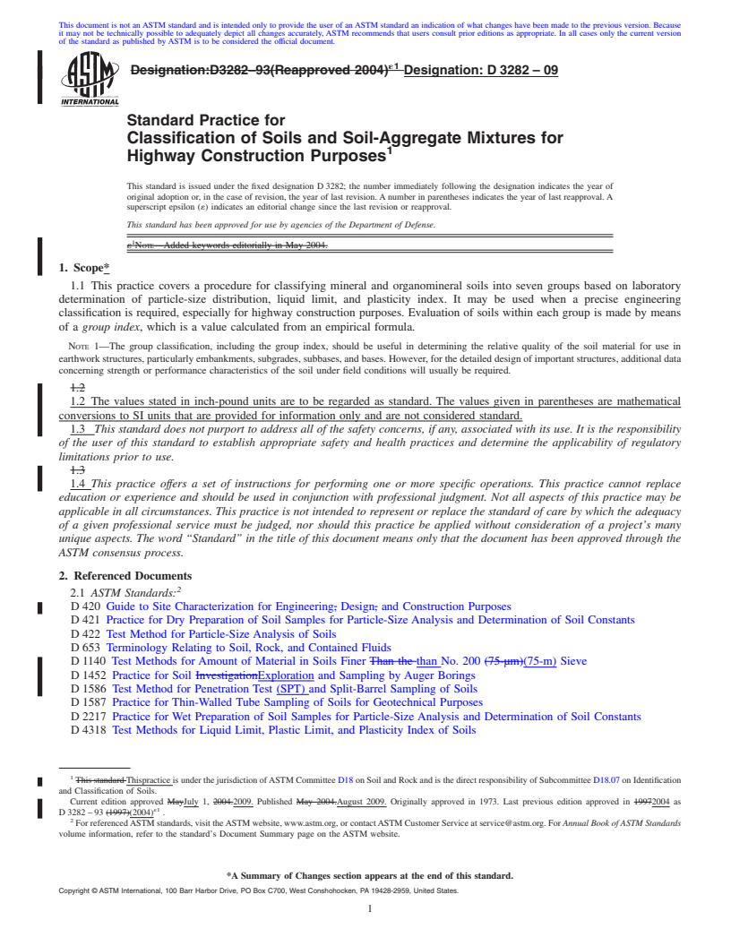 REDLINE ASTM D3282-09 - Standard Practice for Classification of Soils and Soil-Aggregate Mixtures for Highway Construction Purposes