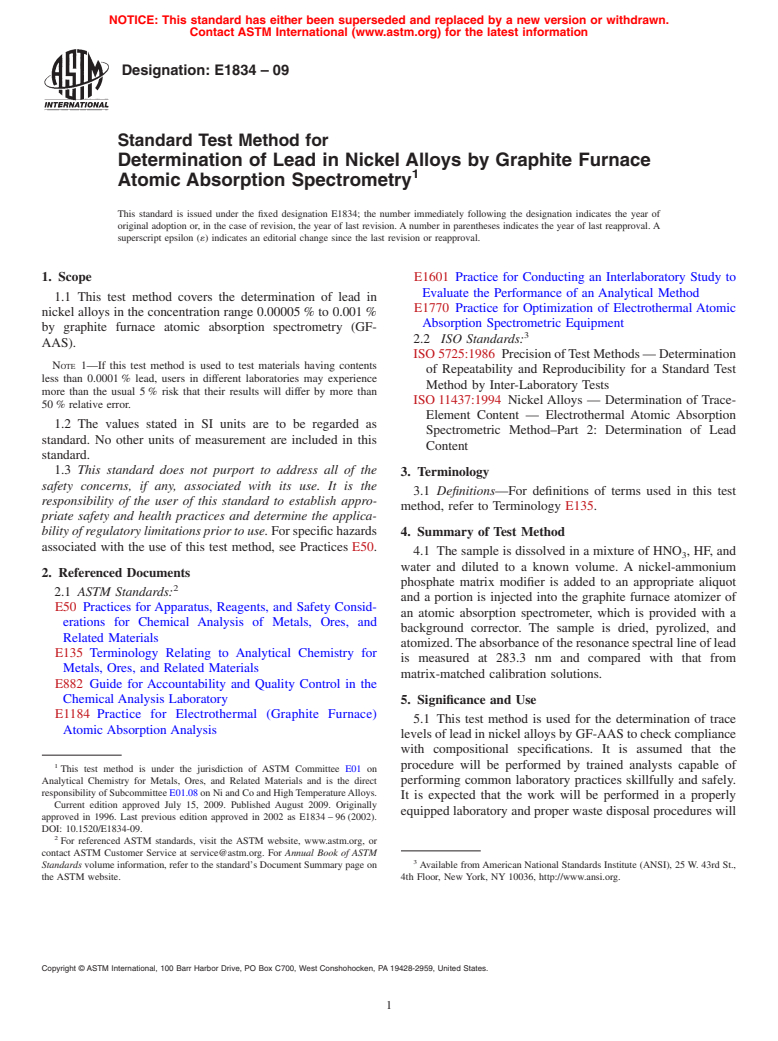 ASTM E1834-09 - Standard Test Method for Determination of Lead in Nickel Alloys by Graphite Furnace Atomic Absorption Spectrometry