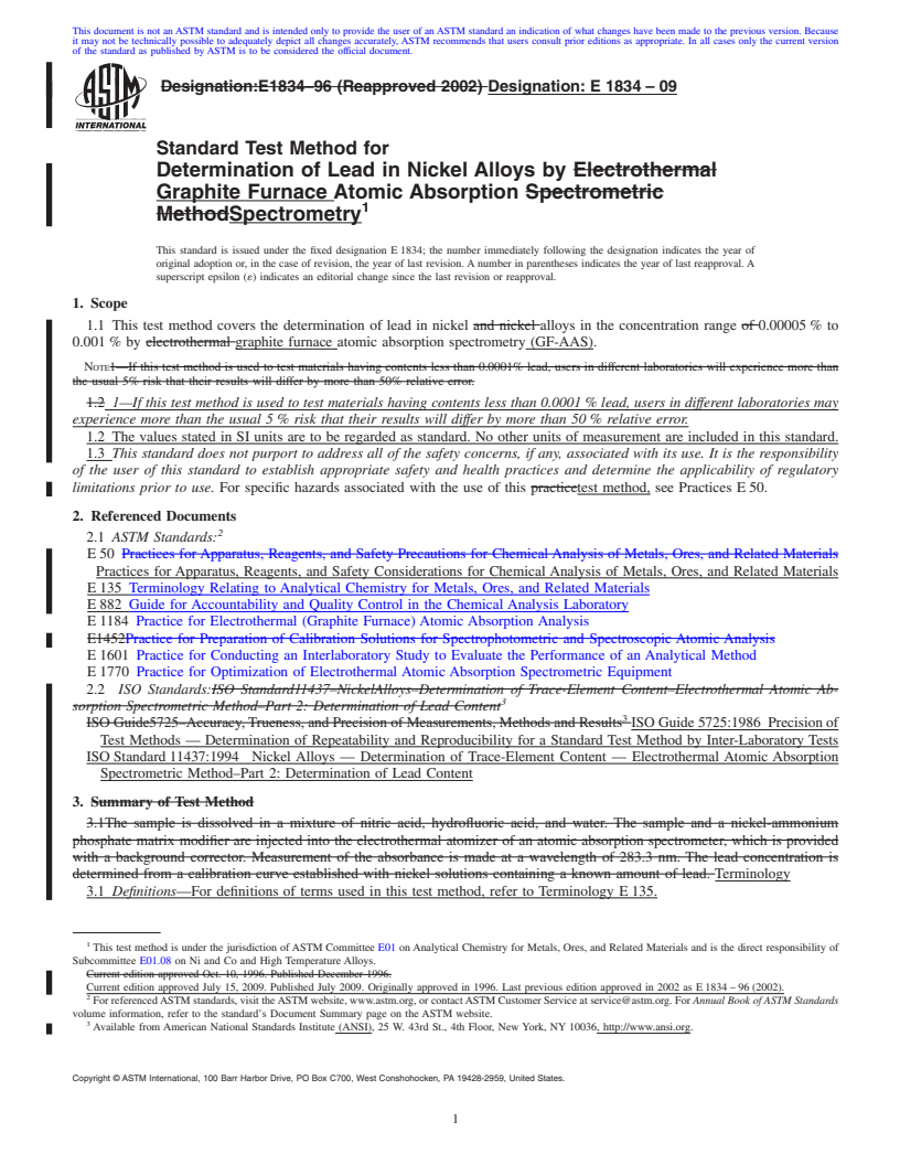 REDLINE ASTM E1834-09 - Standard Test Method for Determination of Lead in Nickel Alloys by Graphite Furnace Atomic Absorption Spectrometry