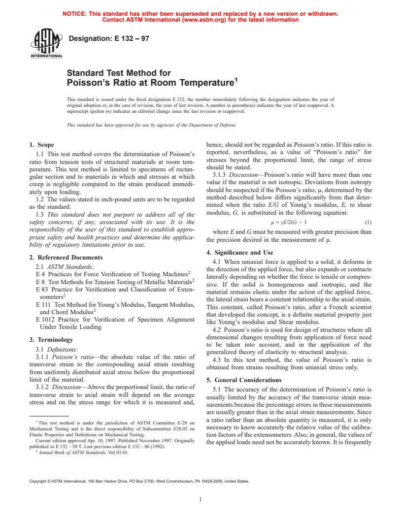 ASTM E132-97 - Standard Test Method for Poisson's Ratio at Room Temperature