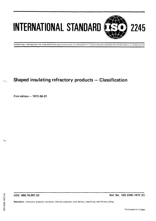 ISO 2245:1972 - Shaped insulating refractory products -- Classification