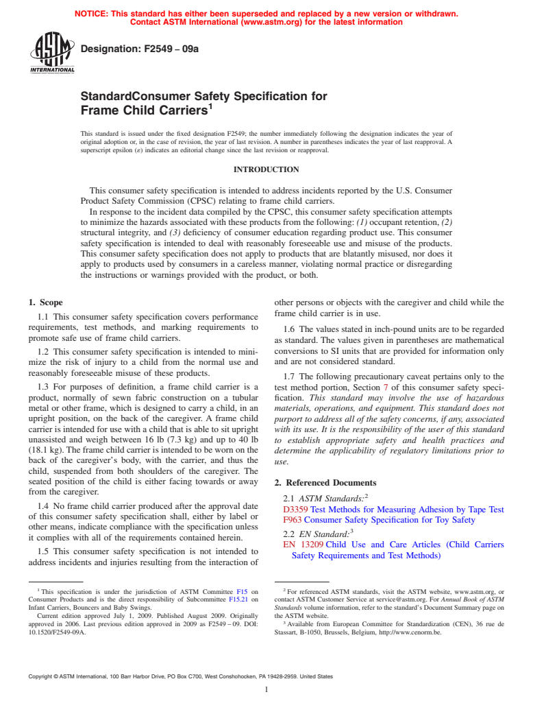 ASTM F2549-09a - Standard Consumer Safety Specification for Frame Child Carriers