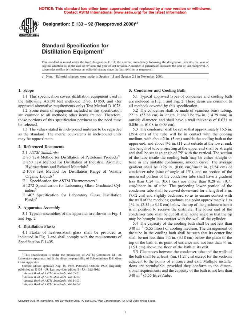 ASTM E133-92(2000)e1 - Standard Specification for Distillation Equipment